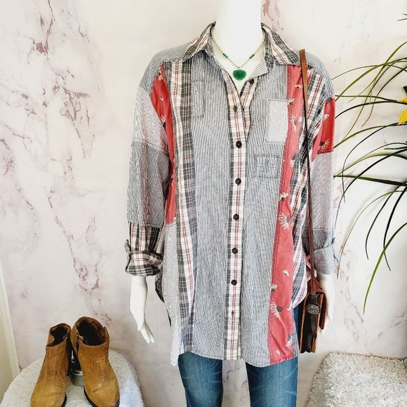 Free People Tops - Free People patchwork oversized button front shirt